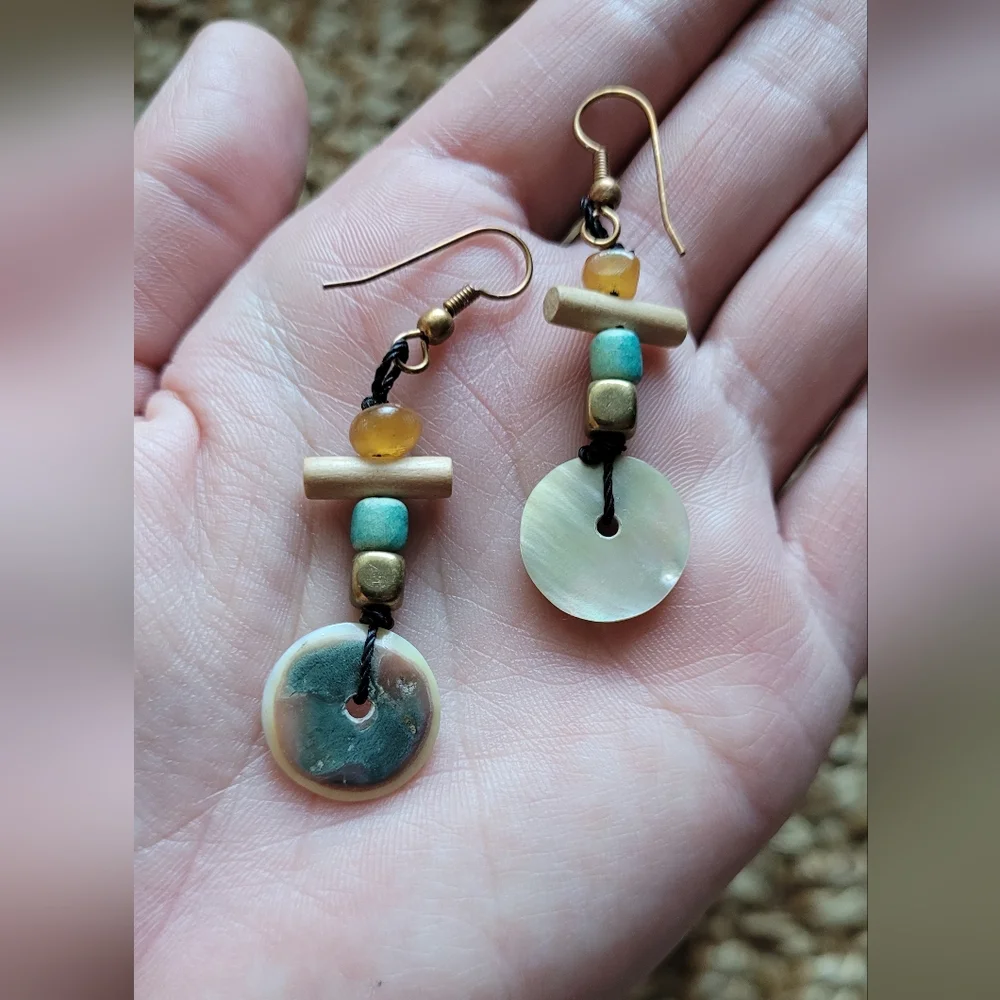 Earthy Handmade Dangle Earrings, Honey, Cream and Turquoise Hues